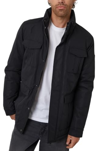 Threadbare 'Holroyd' Mens Multi Pockets Funnel Neck Utility Coat, Black, M