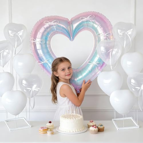 Ballon Stick Halter Tischdeko Geburtstag Herzluftballons Schillernde Herz Deko Folienballon Ballonständer Geburtstagsdeko Mädchen Junge Regenbogen Luftballons für Hochzeit Valentinstag Foto Requisiten