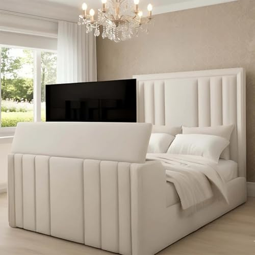 Ottoman Gas Lift TV Bed Frame – Upholstered Plush Velvet Storage Bed with Remote Control TV Lift Mechanism, Modern Bedroom TV Bed (Cream Plush, 6ft Super King Size Without Gas Lift Storage)