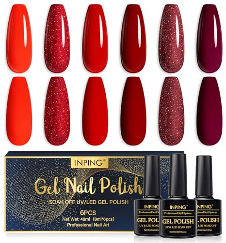 INPING Gel Nail Polish Set, Red Glitter 6 Colors UV LED Nail Varnish 8ML | Shimmer Glitter Blood Burgundy Orange Maroon Red Collection Long Lasting Gel Polish, for Home DIY & Salon Nail Art