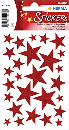 HERMA 15099 Aufkleber Sterne Glitzer Rot, 27 Stück, Stern Sticker aus Folie, Weihnachtssticker Sternaufkleber für Weihnachten Geschenke Adventskalender Dekoration Kinder Belohnung DIY Basteln