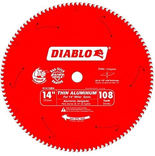 Diablo Saw Blade for Thin Aluminum Cutting - 14 Diameter, 108 TCG Teeth, 1 Arbor, .091 Kerf, -5 Hook Angle, .098 Plate, 5000 Max RPM - D14108N