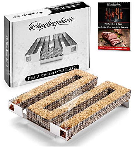 Räucherphorie® Rejilla para Ahumar en Frío M - Generador de Humo Frío de Acero Inoxidable + Libro Electrónico para Horno, Barbacoa, Ahumador - Accesorios Premium