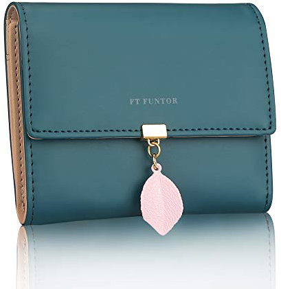 FT FUNTOR PU Leather Wallet for Women RFID-Blocking, Ladies Bifold Leaf Pendant Coin Zipper Small Purse with 5 Card Slots and 1 ID Window Card Holder Organizer(S-Teal Blue)