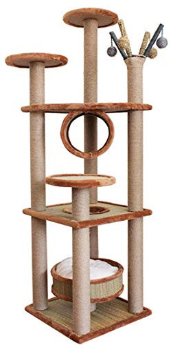 RONGJJ Kratzbaum, Katzenkratzbaum, Kletterbaum mit Hanfseil Gemütlichen Aussichtsplattformen Tunnel Spielhaus 40 * 40 * 140cm, Brown