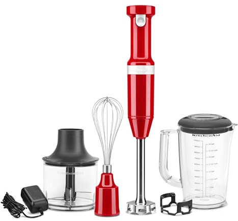 KitchenAid Cordless Variable Speed Hand Blender with Chopper and Whisk Attachment - KHBBV83, Empire Red, 1 Liter