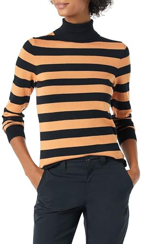 Amazon Essentials Jersey de Cuello Vuelto, Manga Larga, Ligero y de Ajuste Clásico (Disponible en Tallas Grandes) Mujer, Negro Camel Raya de Rugby, S