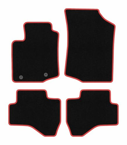 Velours-Fußmatten passend für Citroën C1 II 2014-, Schwarz-Rot, CARLUX | passend für Schrägheck; Velours-Teppich (Polypropylen), ca. 6,5 mm; rutschfest, runde Befestigungen (Typ CP2)