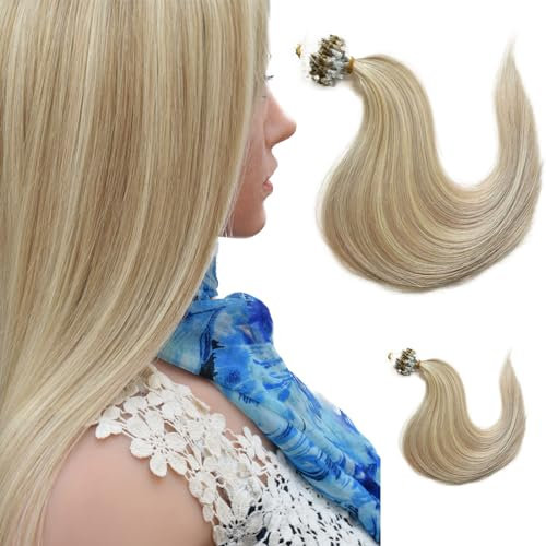 16 18 20 22 Micro Loop Ring Remy Human Hair Extensions-0.8g x 20strands-Grade AAA- Multi-Colours (#18/613 Ash Blonde/Bleach Blonde Mix, 18 Inch)