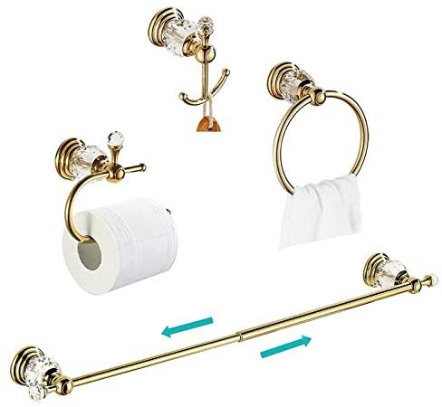 WOLIBEER Gold Bathroom Accessories, Brass Crystal Towel Bar Set Toilet Paper Holder Towel Ring Robe Hooks 4 Pieces Wall Mounted