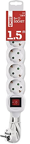 EMOS - Multiprise 5 Prises 1,5 m avec Interrupteur - 5 Prises Schuko orientées à 45° - 250 V, 16 A, 3680 W - Isolation PVC - H05VV-F3G 1,5 mm² - Protection renforcée Contre Les Contacts - IP20 pour