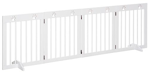 PawHut Barrera para Perros Plegable de 4 Paneles 204x61 cm Barrera de Seguridad para Perros con Estructura de Madera y Patas de Apoyo para Pasillo Escalera Blanco