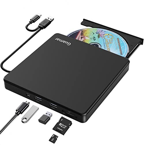 Guamar External CD DVD Drive: USB-C Burner Portable Slim RW Player for Laptop PC Mac MacBook Windows 11 with SD TF Slot 2 USB Ports Easy Use for Seniors - Plug & Play Aluminum (Black)