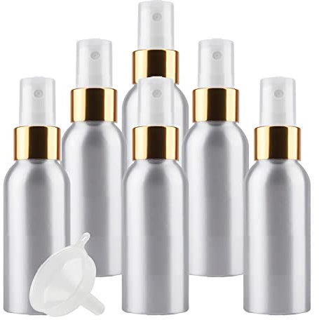 ZEOABSY 6 Pieces Empty 100ml Silver Aluminium Spray Bottle Refillable Aluminum Bottles with Gold/White Fine Mist Sprayer Metal Spray Bottles for Perfume Hair Garden Travel, Funnel