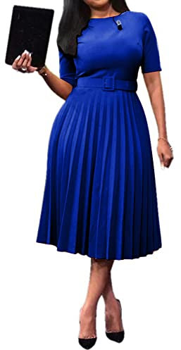 VERWIN Kurzarm-Maxikleid für Fraün mit rundem Hals, Plissee-Kleid mit glattem Gürtel (X-Large, Blau)