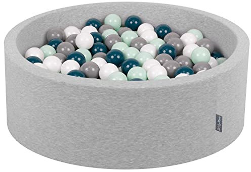 KiddyMoon Bällebad 90X30cm/200 Bälle ∅ 7Cm Bällepool Mit Bunten Bällen Für Babys Kinder Rund, Hellgrau:Dunkeltürkis/Grau/Weiß/Minze