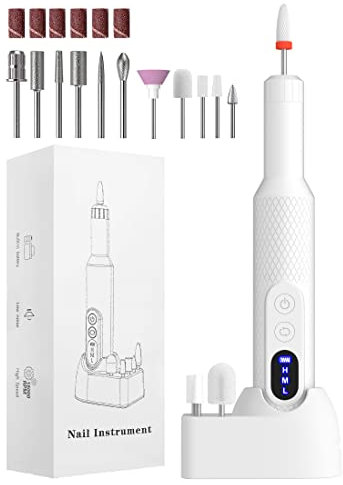 Electric Nail Files, Nail Drill Portable E File Kit with Rechargeable Base, 12 Drill Bits, Adjustable Speed Electric Manicure and Pedicure Set for Acrylic Nails, Gel Nails