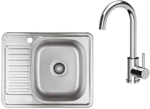 VBChome Einbauspüle mit Armatur 58x48 Leinenstruktur Links Edelstahl Küchenspüle Spüle Ablagefläche Abtropffläche Ablaufgarnitur Siphon Wasserhahn Chrom
