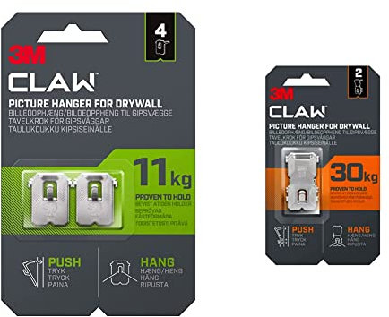 3M Claw Plasterboard Picture Hanging Wall Hooks For Hanging Home Décor, 4 Hangers, Holds up to 11 kg & Claw Plasterboard Picture Hanging Wall Hooks For Hanging Home Décor, 2 Hangers, Holds up to 30 kg