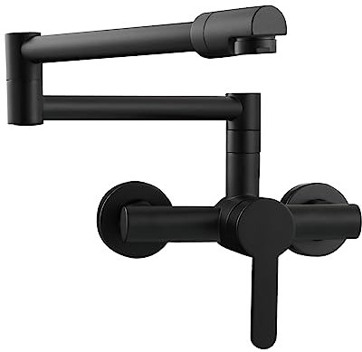 Tecmolog Commercial Single Handle Articulating Pot Filler Faucet Wall Mounted Hot and Cold Water Kitchen Mixer Tap Black, BB1211A