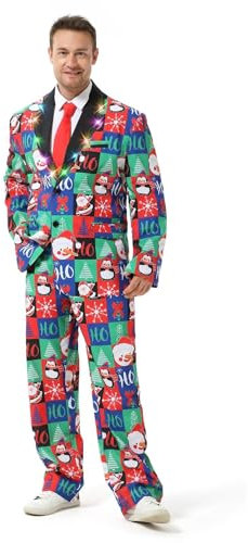 U LOOK UGLY TODAY Herren Lustige LED Licht Weihnachtsanzüge für Weihnachten Party Kostüm Festliche Anzug in Verschiedenen Drucken aus Sakko, Hose und Krawatte L