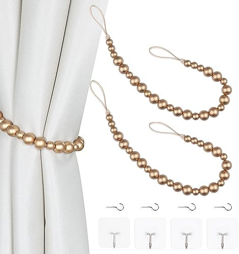Vorhang-Raffhalter mit Holzperlen, Boho-Vorhang-Raffhalter, Vorhanghalter für Wandvorhänge, Fensterbehandlung, Vorhang-Raffhalter mit Haken, Vorhang-Raffhalter