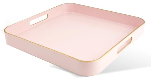 Gifturbo Bandeja decorativa cuadrada rosa, bandeja de servir con asas, bandeja de mesa de café de plástico para otomana, sala de estar, decoración del hogar, baño con ribete dorado, 13 x 13 x 1.57