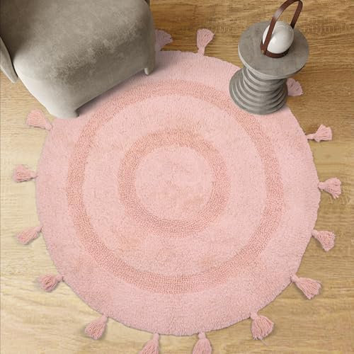 TOPSMCHER Runder Badteppich, 100 % Baumwolle, Boho-Badteppich, Bodenmatten mit handgebundenen Quasten, 60 x 70 cm, rosa Badematte, rutschfest, waschbar, Duschmatte, dekorativer Bodenteppich für