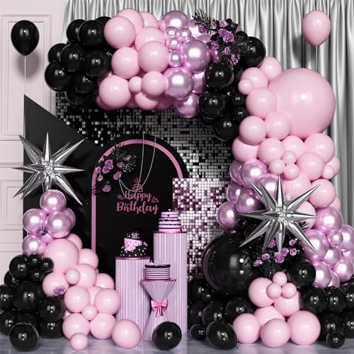 Rosa Schwarz Luftballon Bogen Kit, 120 Pcs 5/10/12/18 Zoll Schwarz Rosa Metallisch Rosa Latex Ballon Girlande für Mädchen Frauen Geburtstag Party Jahrestag Hochzeit Deko