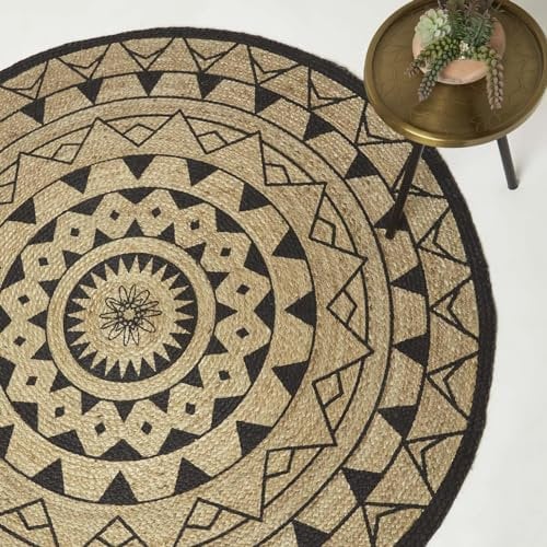 Homescapes Mandala Teppich rund 150 cm, Jute-Teppich schwarz-Natur, runder Teppich geflochten, geometrisch Gemustert