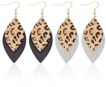 2 Paar Ohrringe Mit Leopardenmuster, Tropfenförmige Lederohrringe, Damenmode-Ohrringe, Anhänger Mit Leopardenmuster, Ohrringe Im Bohème-Stil, Geeignet Für Partys, Tägliche Kleidung (Schwarz, Silber)