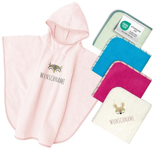 my STITCHERY Badeponcho Kinder mit Namen Bestickt, Oeko-TEX® Standard 100 - Personalisiertes Kapuzenhandtuch aus Reiner Baumwolle mit gesticktem Namen und Motiv (Rosa)