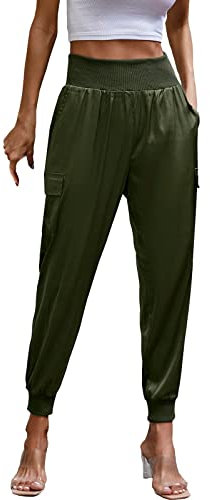 Satin Hose Damen Elegant Schwarz: Freizeithose Damen Lang Mit Taschen - Sommerhose Skinny High Waist Arbeitshosen Silm Fit Jogginghose Bequem Einfarbig Büro-Pants Weichem Yoga-Hosen Stoffhose