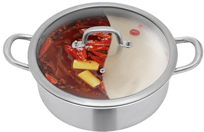 Pentola Shabu con Divisore in Acciaio Inox, Doppio Hot Pot con Cucchiaio e Coperchio, 28 cm, per Fornelli a Induzione, Elettrici in Ceramica e Gas