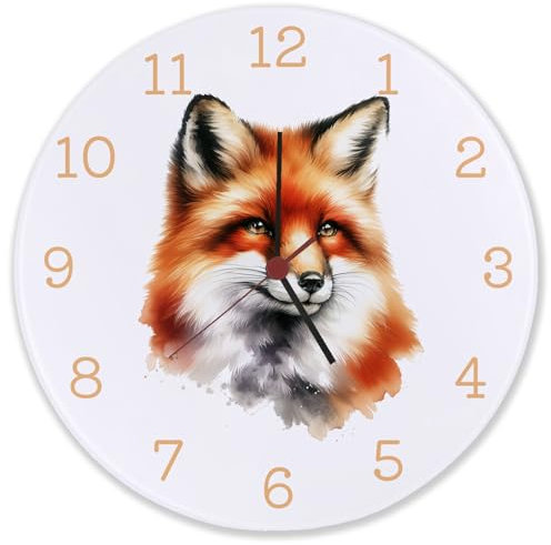 speecheese Fuchs Porträt Aquarell Wanduhr aus Glas Stilvolle Tier Wanduhr aus Glas mit elegantem Fuchs Aquarell Design Wildtier Fell Schnauze Details Raubtier Ohren Pelz Dekor