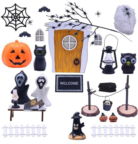 Decorazione per casa delle bambole di Halloween, 34 pezzi, set in miniatura, gnomo giallo, in legno, set completo per Halloween, feste, decorazione da giardino, a tema zucca, elfo, fantasma,