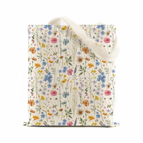 Odebyata Wildblumen-Canvas-Tragetasche mit Innentasche, Geschenk für Buchliebhaber, ästhetische Blumenbuch-Tragetasche für Damen und Herren, zum Lesen, Schultertasche, Einkaufstasche, Strandtasche