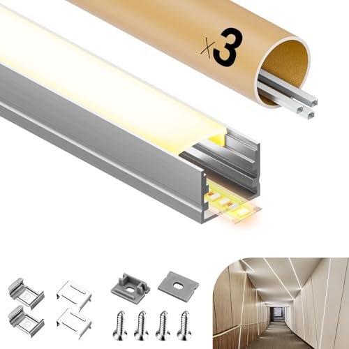 GEEKLUX Profile alu pour ruban led 2 m x 6 pièces (12 m) Canaux Led Profilés en Aluminium en Forme de U Max Bandes led 15mm, Couvercle Blanc Crème PC Diffuseur LED Metal Mounting Clips -2000x26,7x10mm