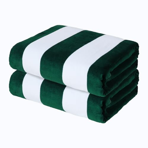 Exclusivo Mezcla Paquete de 2 Toalla de Playa Cabana Rayada, Toalla de Baño 100% Algodón, Absorbente, Suave y Afelpada, para Piscina, Ducha y SPA, 90x180 cm, Verde Oscuro