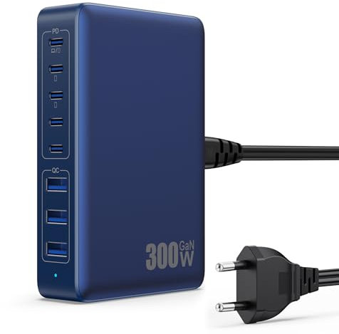 300W Caricatore USB C Multiplo GaN Ⅳ, 8 Port 100W PD Caricabatterie PPS QC, Alimentatore Multipla Stazione di Ricarica per MacBook Air/Pro, iPhone, iPad, Samsung, SteamDeck - Blu Scuro