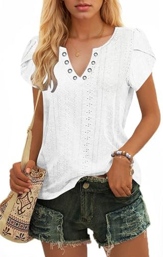 WNEEDU Ladies Tops Petal Short Sleeves T-Shirts V Neck Top for Women UK Casual Blouse Eyelet Embroidery White M