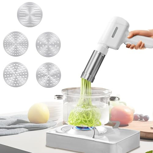 Machine à Pates Fraiche,Electrique Machine à Pâtes,Presses à Pâtes Electriques,Machine à Pâtes en Acier Inoxydable,Portable Machine à Nouilles Automatique,Machine à Pâtes avec 5 Moules,4 Accessoires