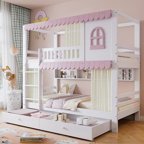 Etagenbett Kinderbett 90x200cm mit 2 Schubladen und Leiter, Holzbett Mädchenbett Stockbett Funktionsbett mit Fenstern, Vorhängen, Offenes Regal, Lattenrost und Rausfallschutz für 2 Kinder, Weiß+Rosa
