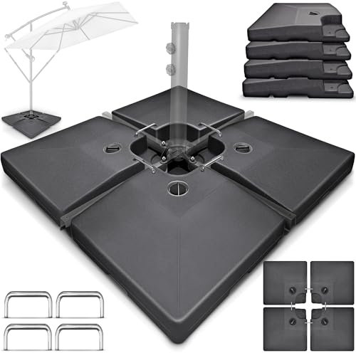 tillvex Lestage & Dalles Carrées pour Parasol Déporté – Pied de Parasol 90 litres / 120 kg, 4 Pièces avec Connecteur Métallique | Base Remplissable avec Eau ou Sable | Support de Parasol (Anthracite)