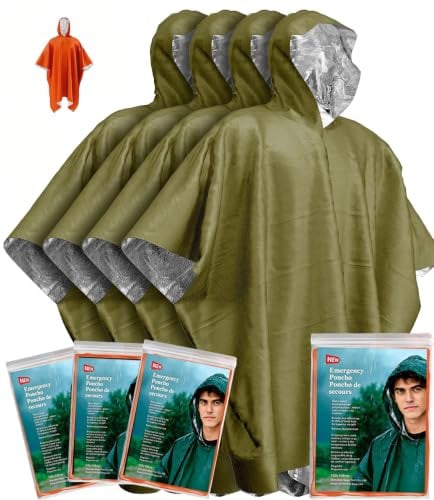 Kanuothbon Emergency Survival Poncho (4pc) Thermal Mylar Foil Coating Blanket for Heat Retention and Rain | Reversible with Hood | Waterproof, Windproof, Portable