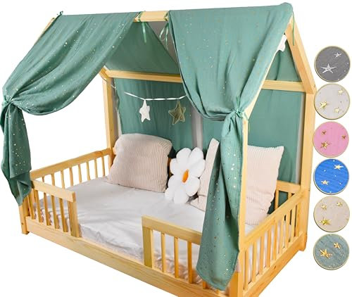 YellowNest Hausbett Himmel (2er Pack) - 100% Baumwolle - Betthimmel Hausbett aus Musselin (2er Pack) - Himmelbett Vorhänge für Bett 80x160 & 90x190 & 140x200 cm (Eucalyptus, 130 x 320 (2er-Set))