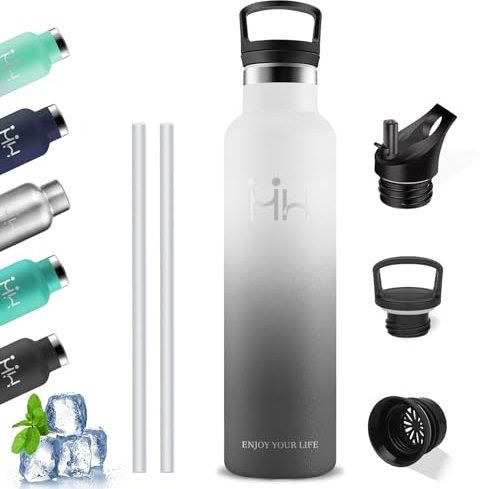 Borraccia Termica, Borraccia 1 litro, Senza BPA, Borraccia con Cannuccia, Senza Perdite, Borraccia Palestra, Acciaio Inossidabile 18/8, Borraccia Metallo per Uffici, Outdoor, Campeggio, Fitness