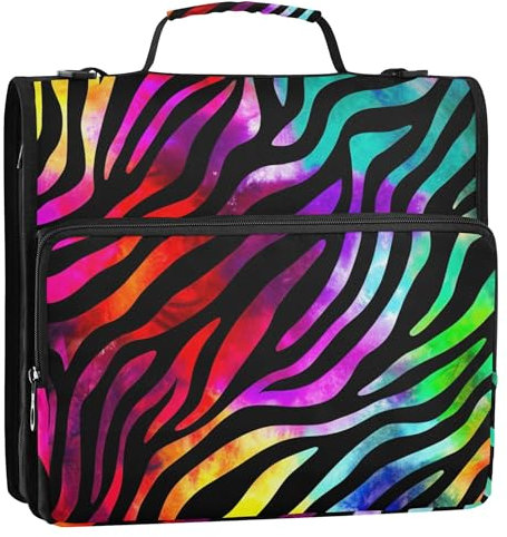 Vibrant Zebra Stripes Tile 3 Ring Binders D Ring Zip up Binder Organizer Binders with Strap Middle School Bag Fabric Multi Pockets Large Portfolio Folder