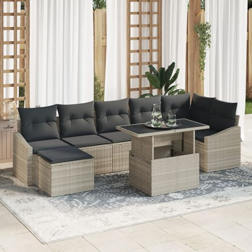 vidaXL 8-teiliges Garten-Sofa-Set mit Kissen in Hellgrau aus Poly Rattan - super für drinnen und draußen - für bis zu 7 Personen - perfekte Möbel für die Terrasse, modulares Lounge-Set, Liege, Sommer