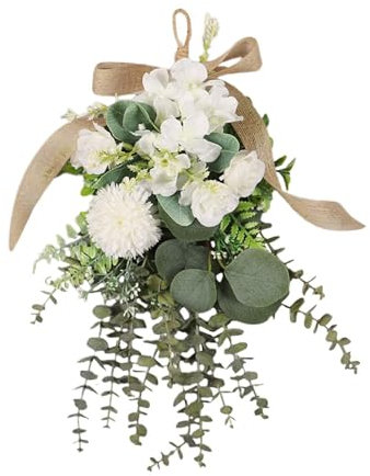 predolo Floral Swag Eucalyptus Chrysanthemum Wreath with Front Door Swag Flower Teardrop Wreath for Fireplace Apartment Holidays, White